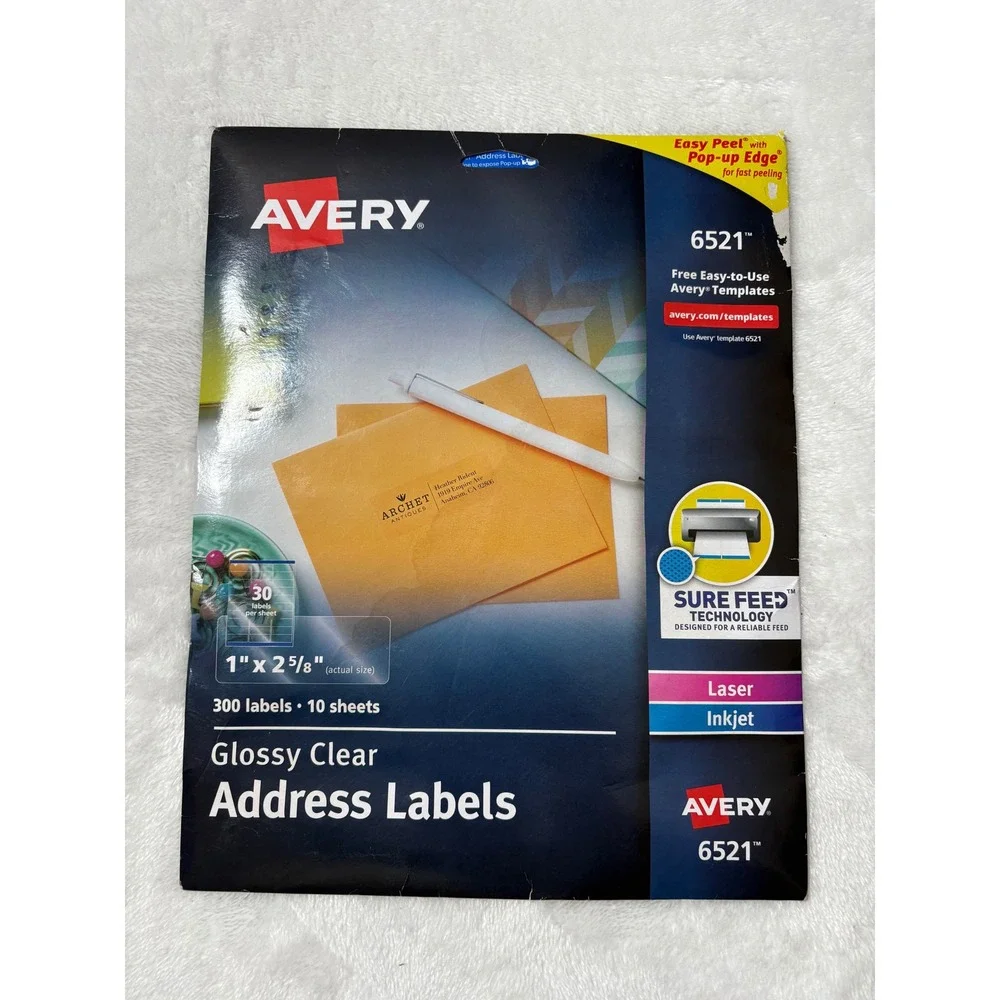 Avery 6521 Glossy Clear Address Labels 1 x 2-5/8 Inch 300 Labels Laser Inkjet